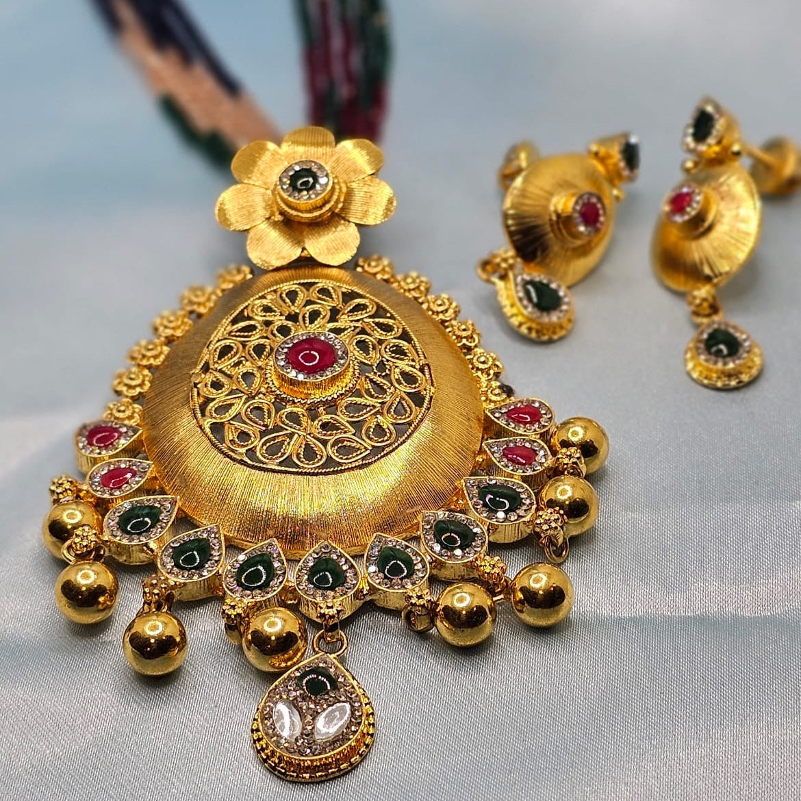 Gold Polish Necklace Set with Green & Pink silver Stones