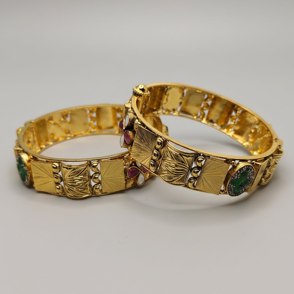 Silver Bangles with Gold Polish & Pink-Green Stones