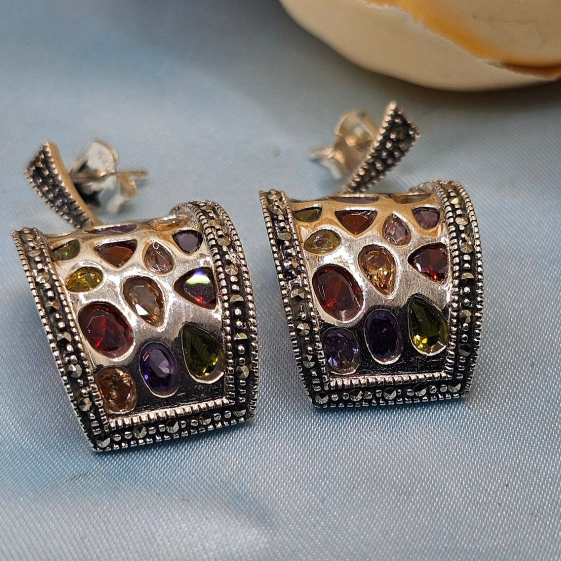 Multi-Stone Oxidized Silver Earrings