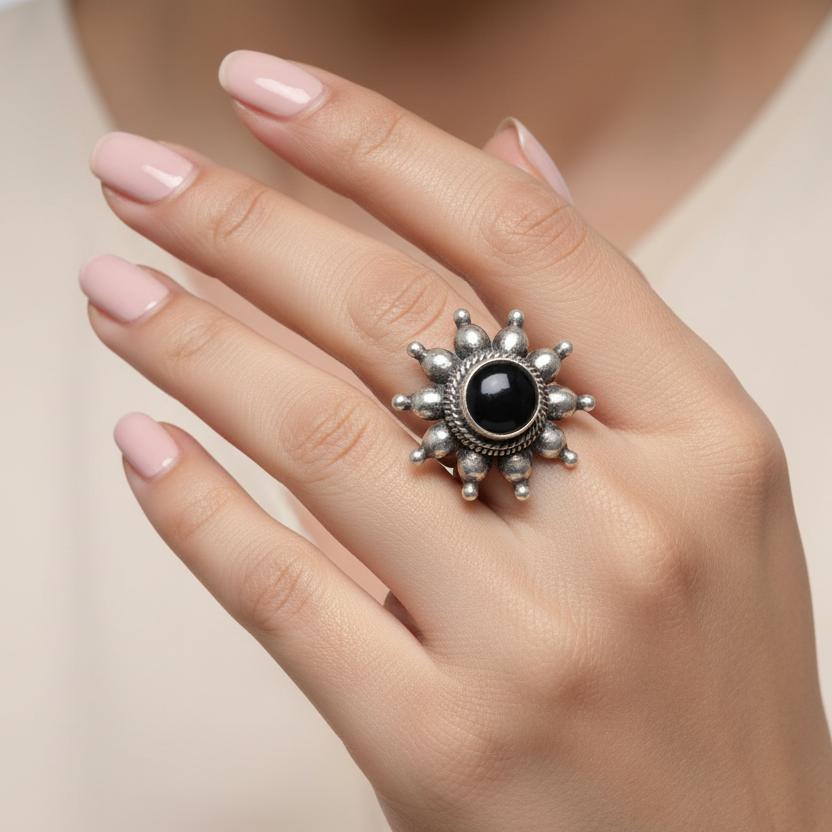 Flower Black stone ring