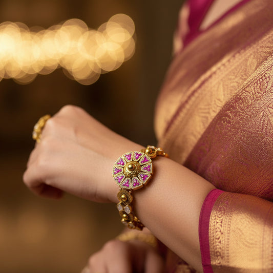 Gold bracelet with pink gemstones on a light gray background