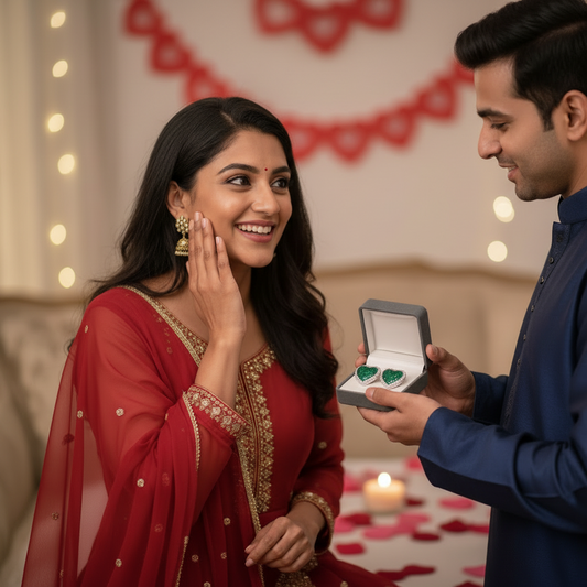 Man presenting a ring to a woman in a festive setting
