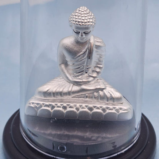 Silver Buddha statue inside a clear glass dome on a wooden base against a light blue background