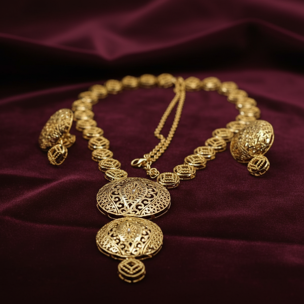 Gold necklace and earrings on a purple fabric background