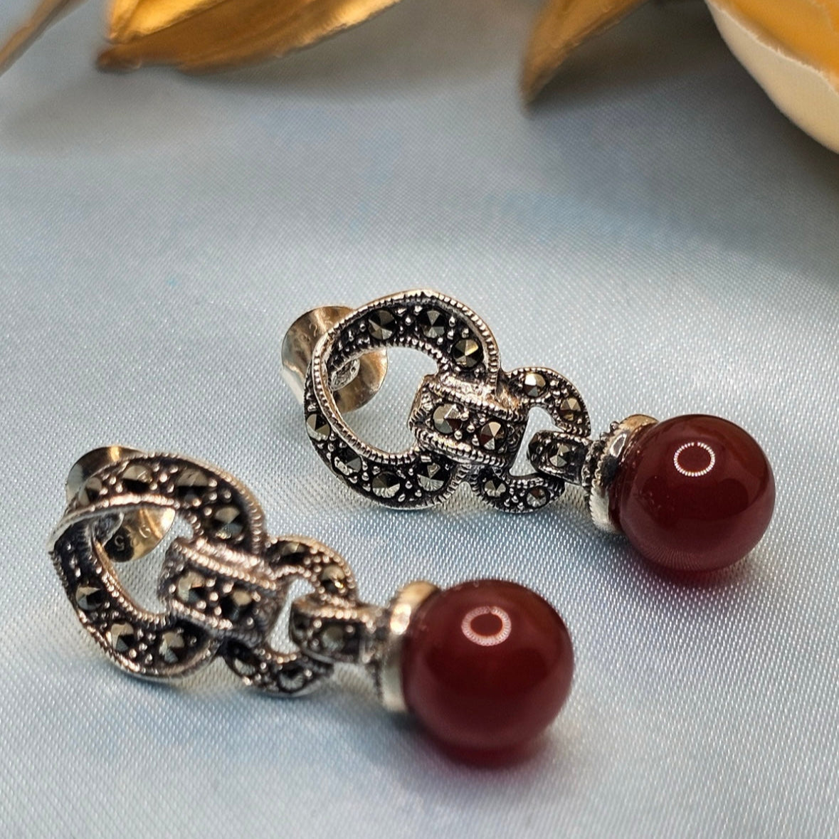 92.5 Silver Oxidized Red Stone Drop Earrings