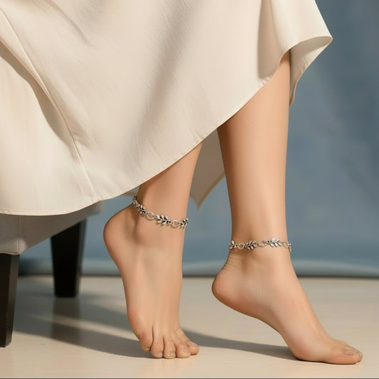 Silver Oxidised Leaf Anklet