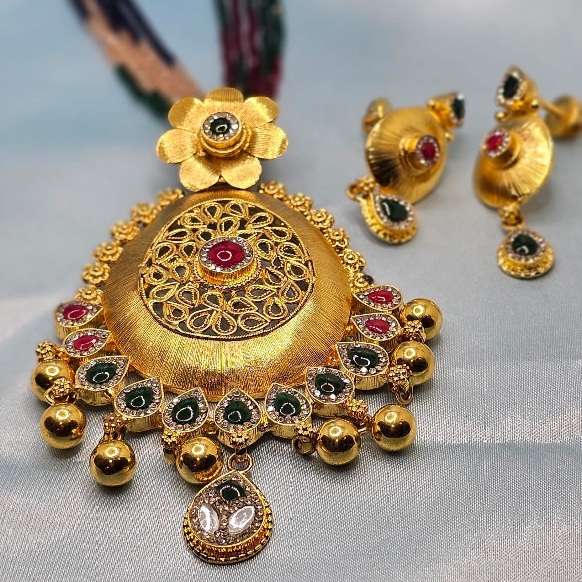 Gold Polish Necklace Set with Green & Pink  silver Stones