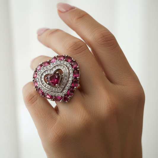 Heart-shaped jewelry piece with red gemstones and clear stones on a gray background