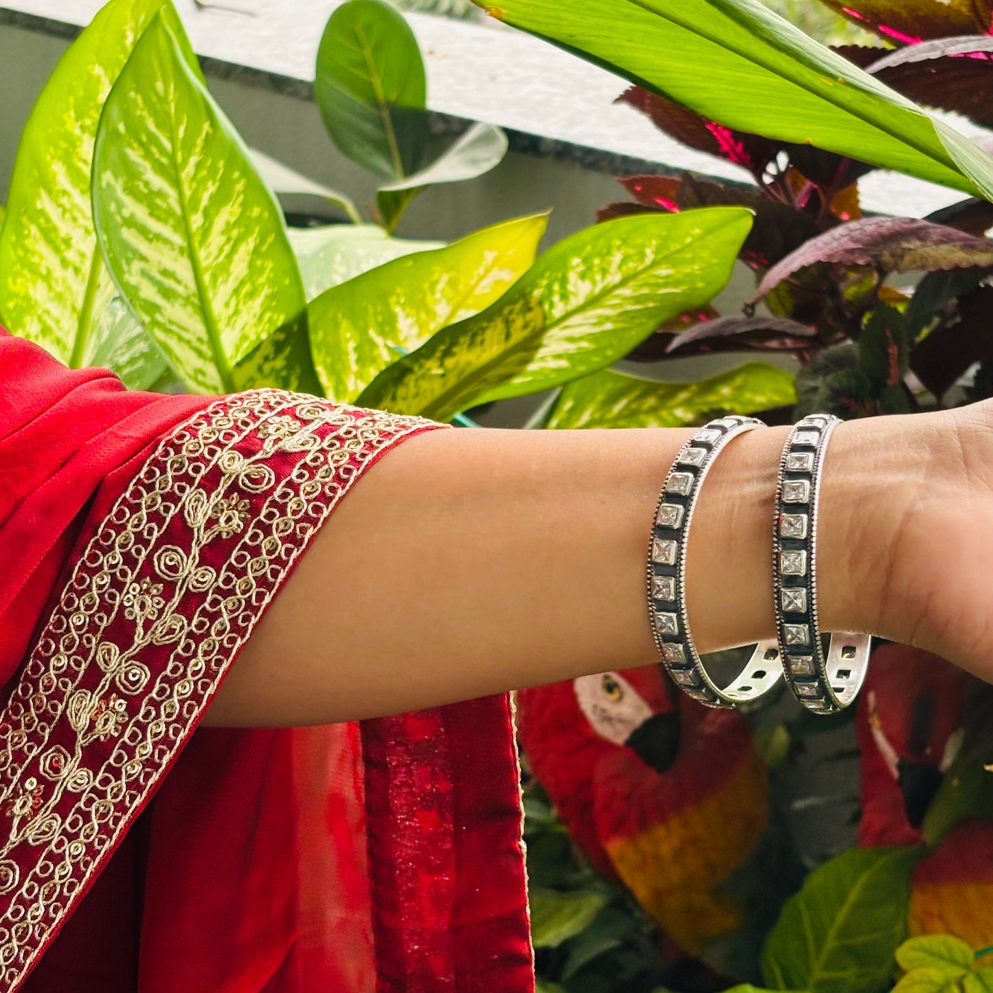 Silver Square, stone, oxidise bangle