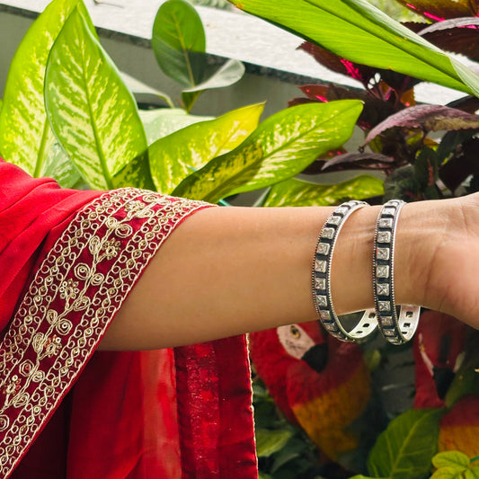 Silver Square, stone, oxidise bangle