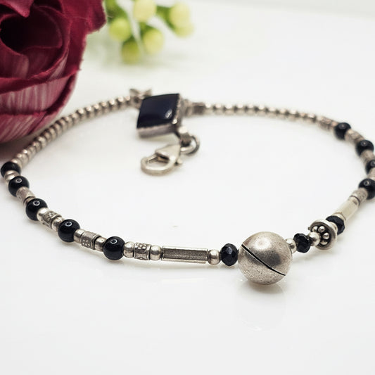 Silver and black beads and ghungru Anklet