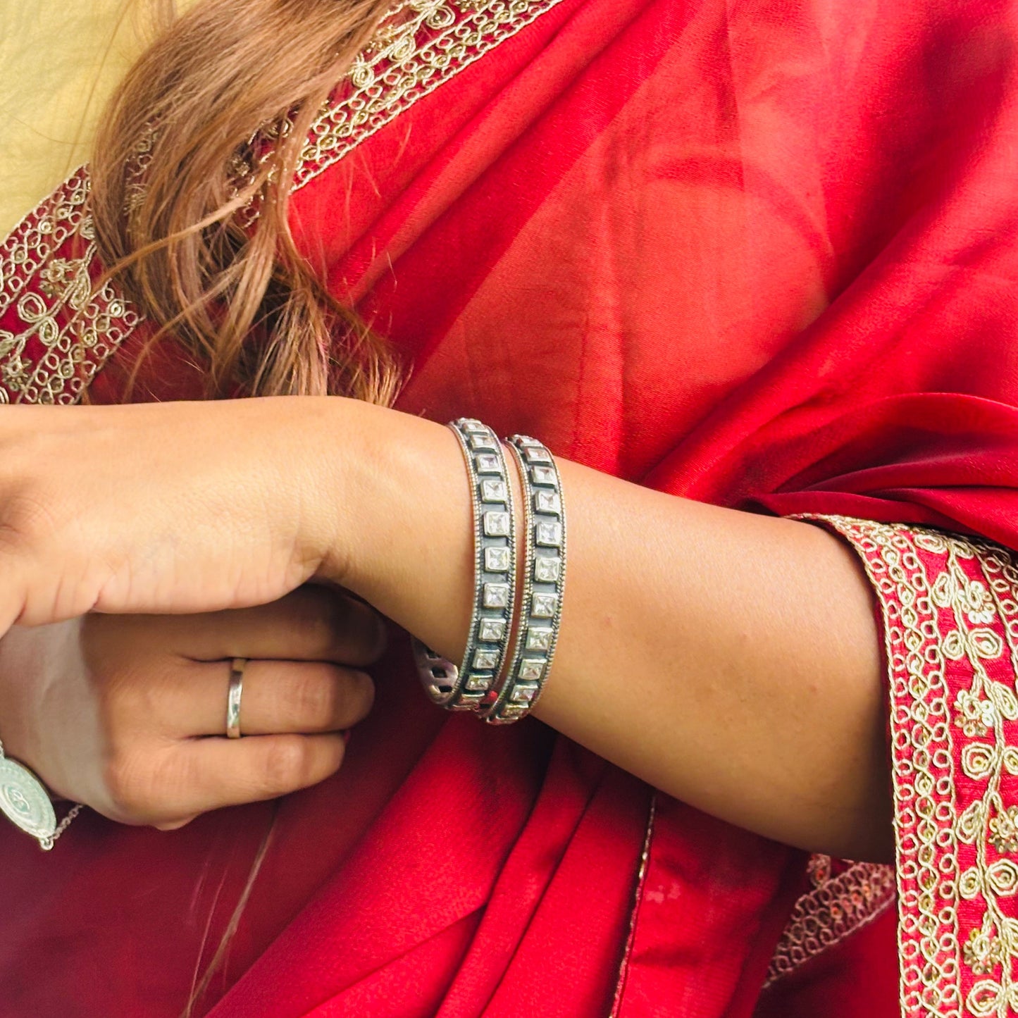 Silver Square, stone, oxidise bangle