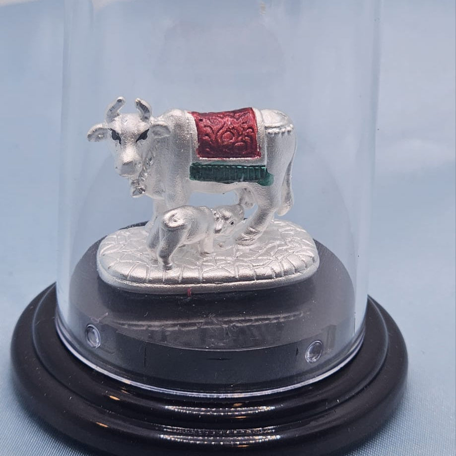 Silver Kamdhenu Cow & Calf Idol with Glass Dome