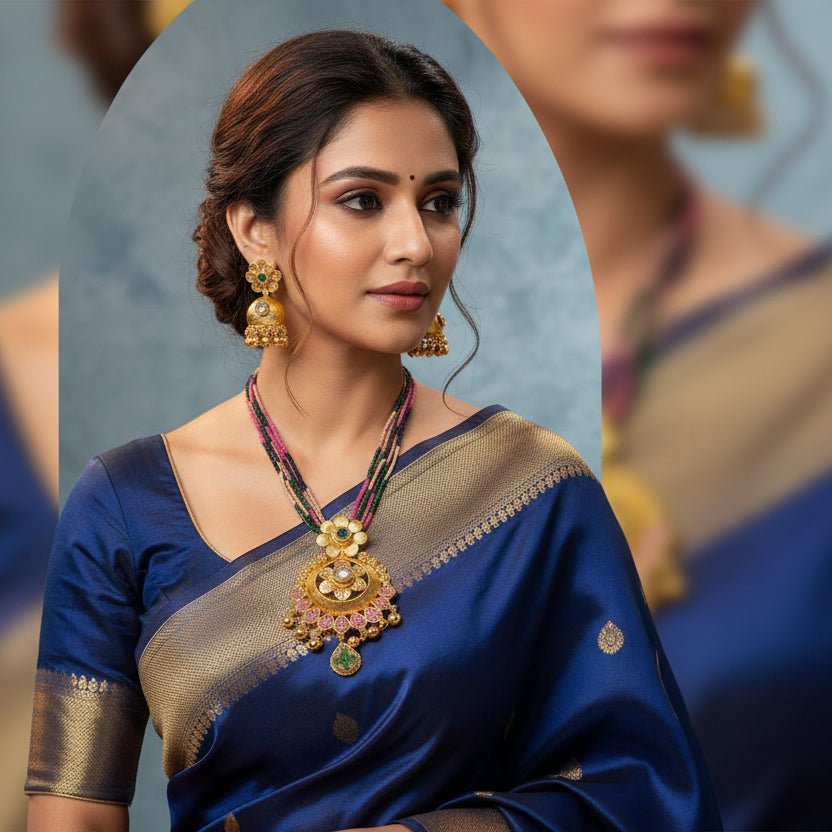 Gold Polish Necklace Set with Green & Pink Stones