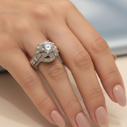 Close-up of a diamond ring on a light blue fabric background