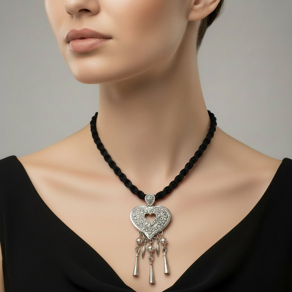 Decorative heart-shaped pendant with intricate designs and hanging elements on a light blue fabric background.