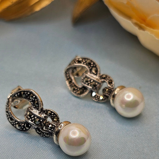 Oxidized Pearl Drop Earrings