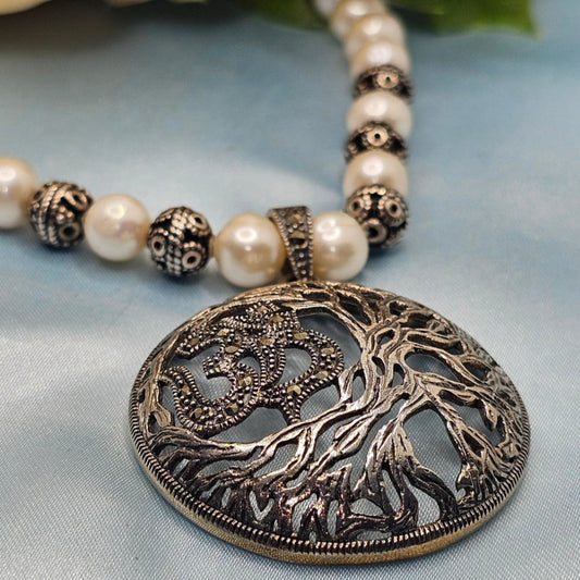 Tree of life om pendant necklace with real pearl chain