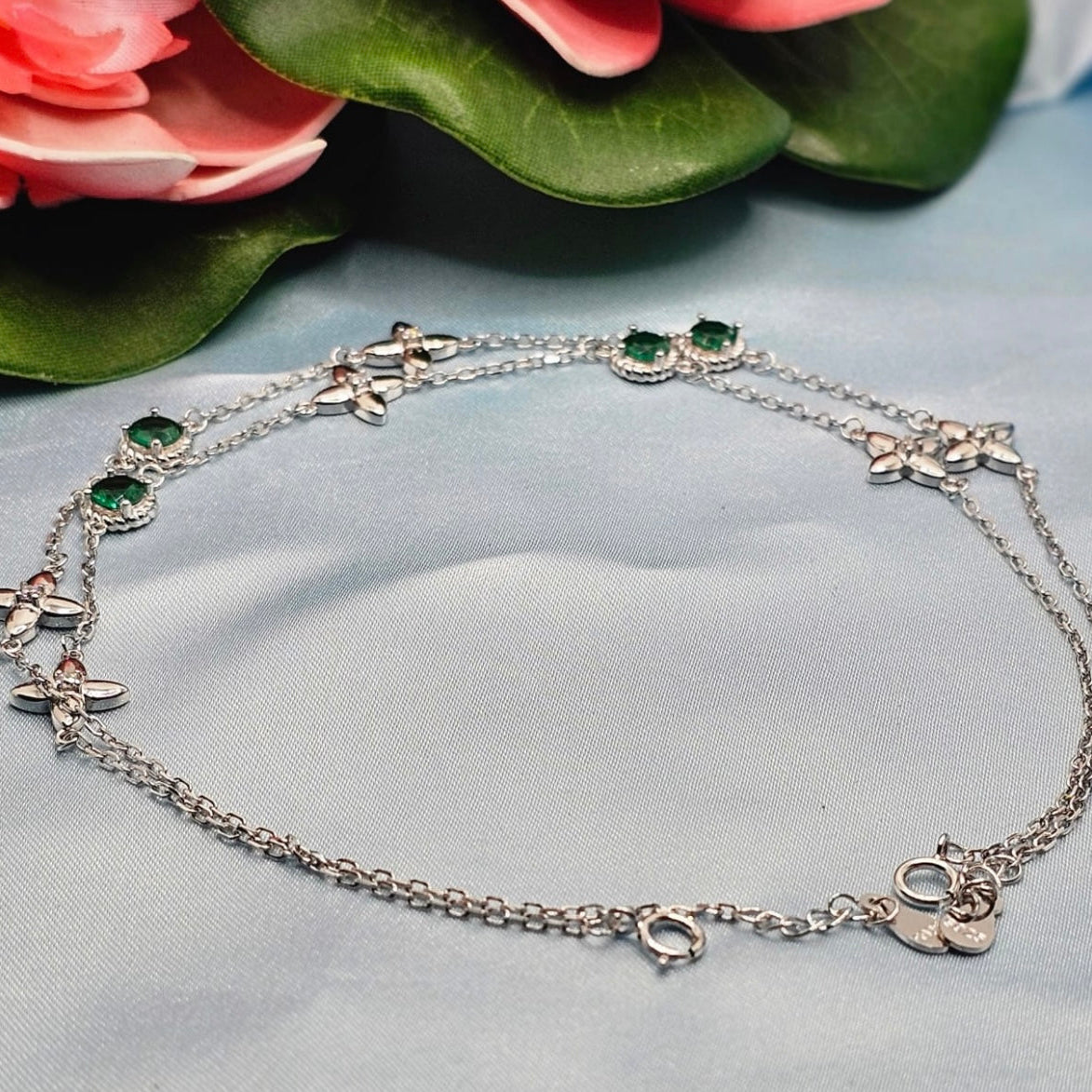 Star Charm Anklet with Green Stones