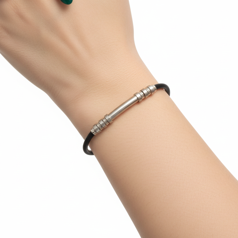 Silver Bar & Black Cord Bracelet