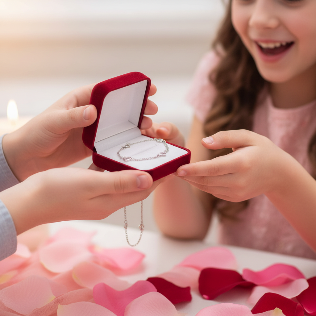 Silver chain bracelet with heart-shaped clasps on a light blue fabric background