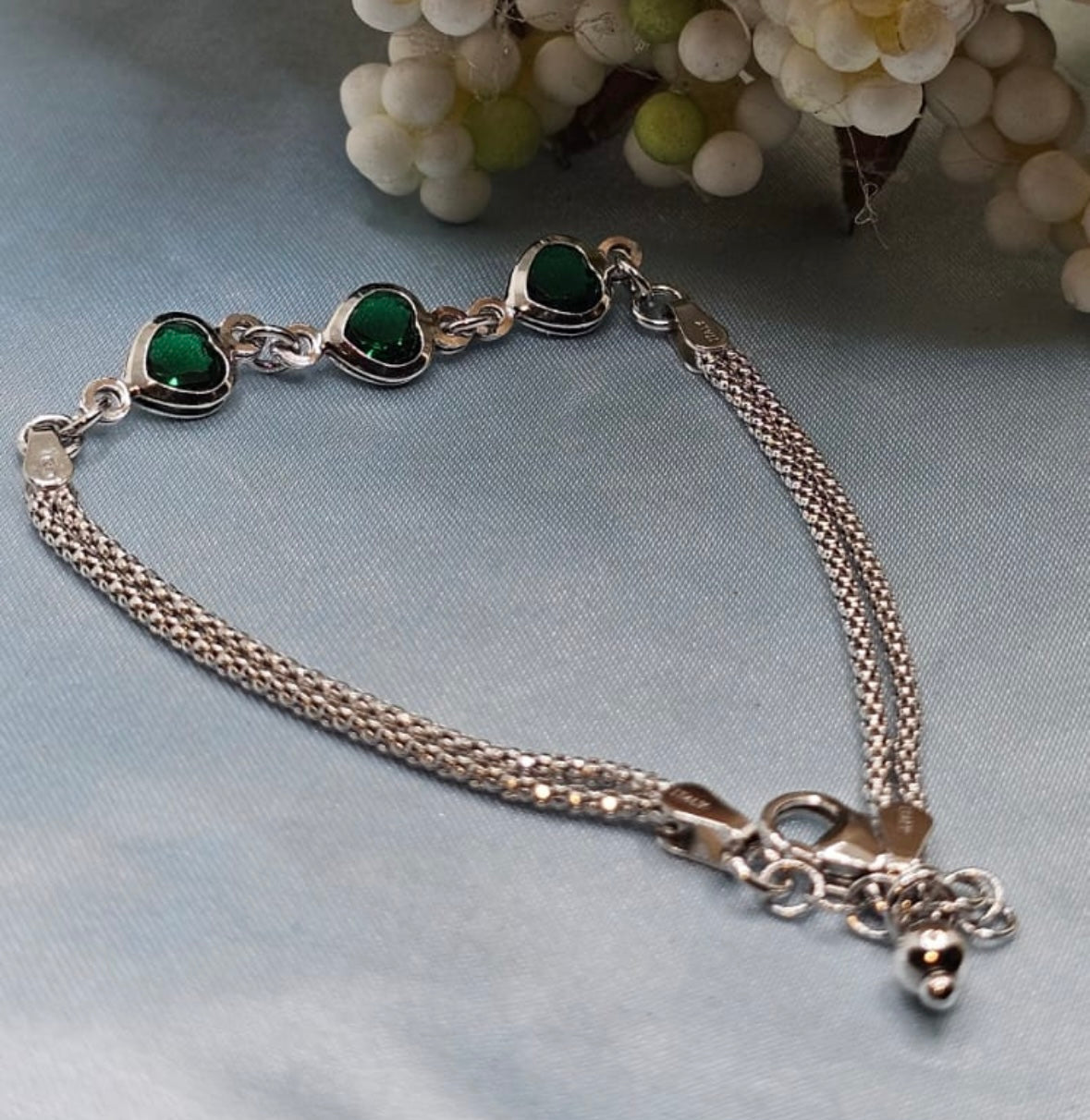 Silver Dual Chain Green Heart Bracelet