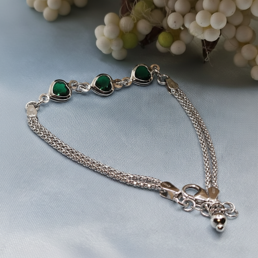 Silver Dual Chain Green Heart Bracelet