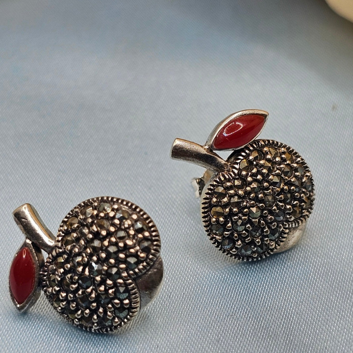 Oxidized Apple Stud Earrings with Red Enamel Leaf
