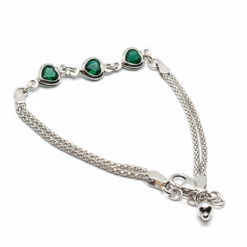 Silver Dual Chain Green Heart Bracelet