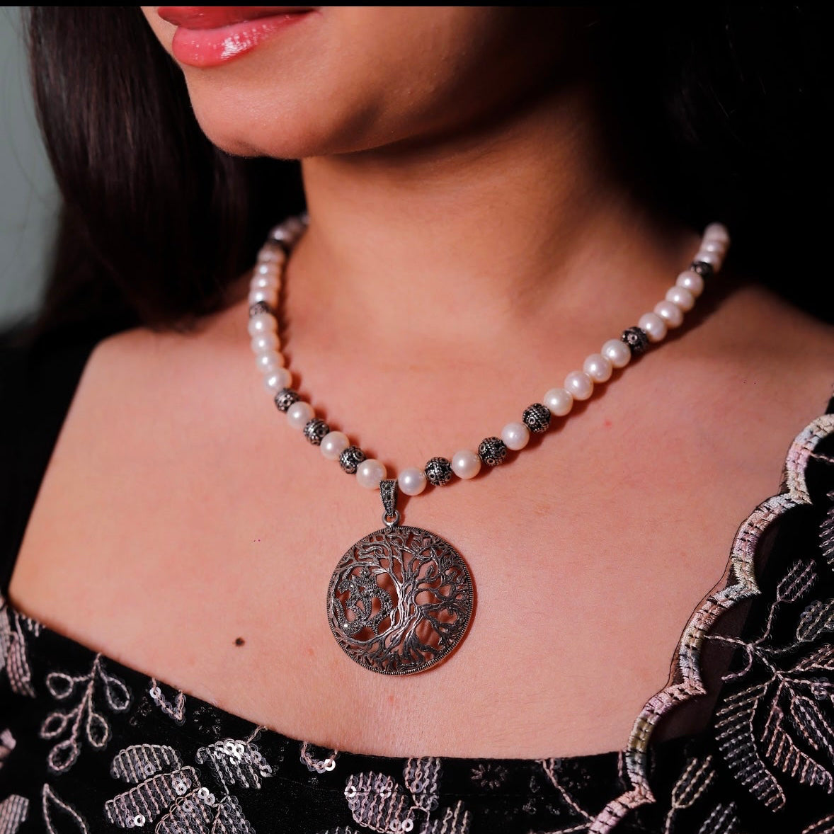 Tree of life om pendant necklace with real pearl chain
