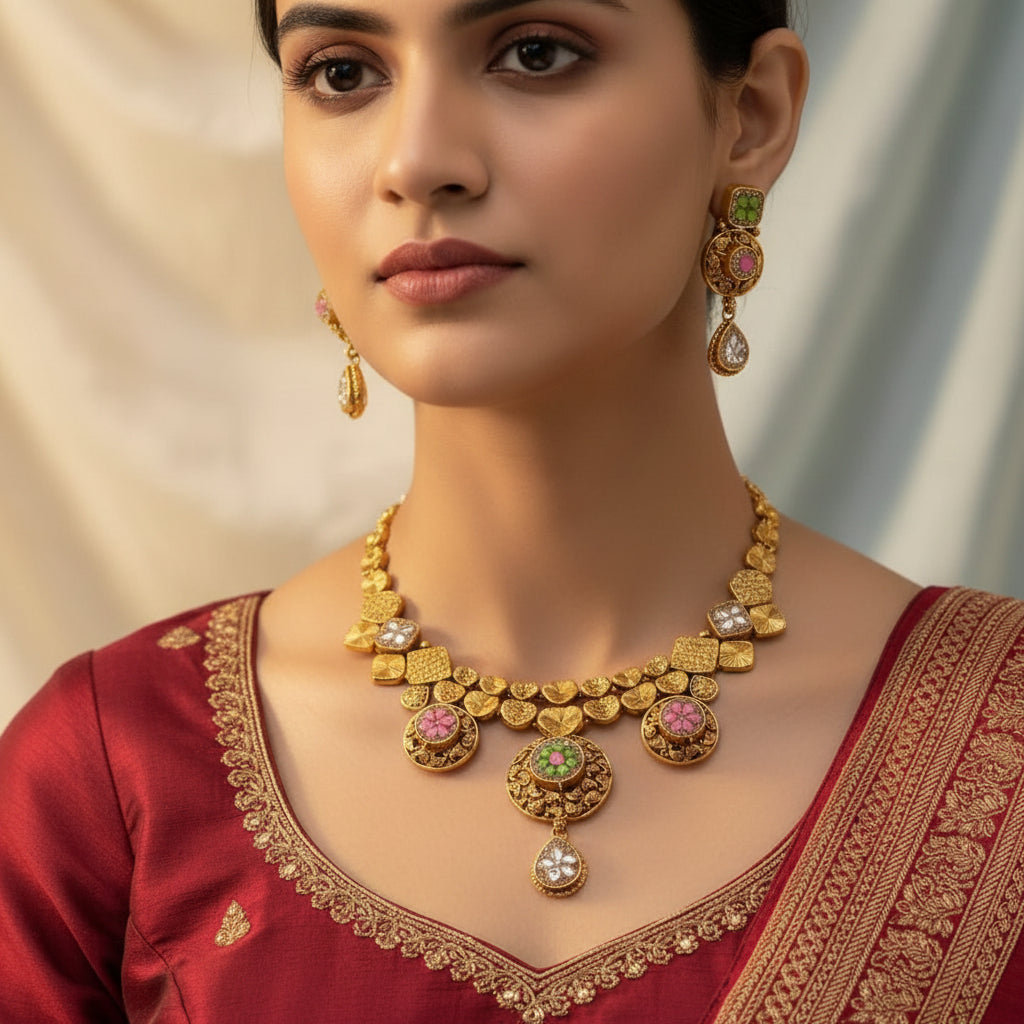 Golden jewellery set with Pink and Green Stones