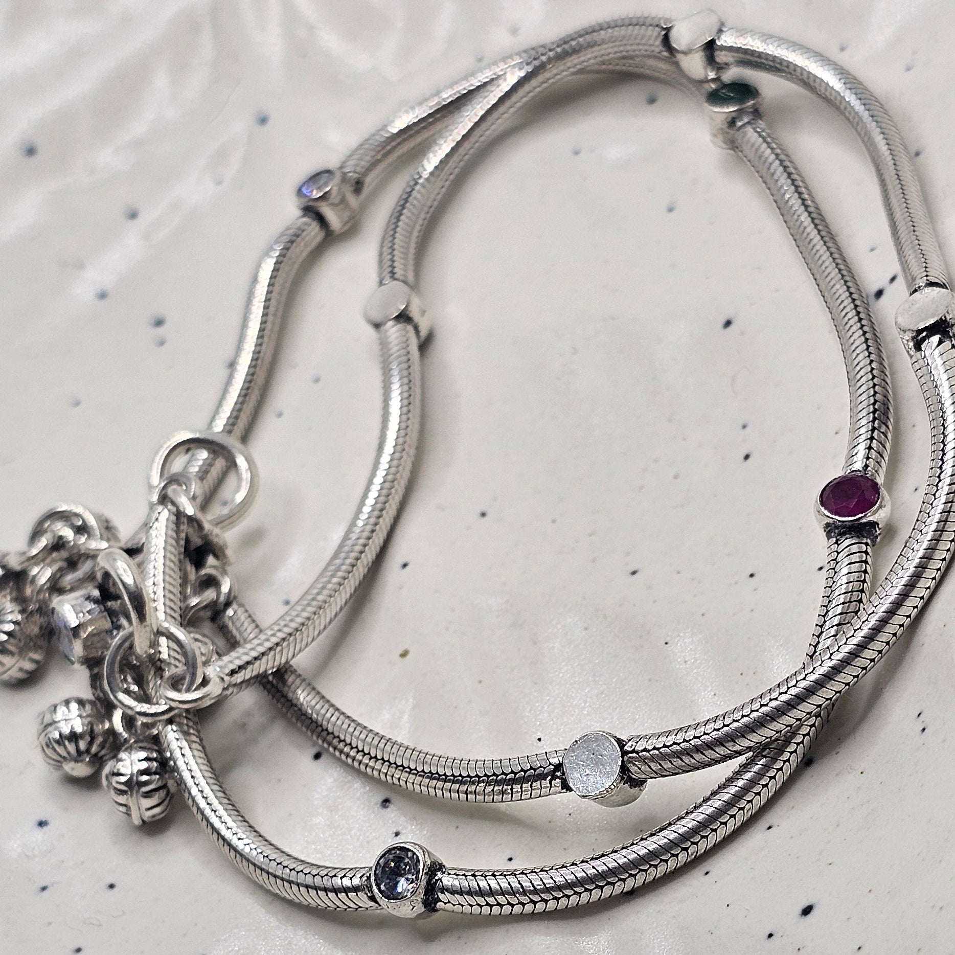 Heavy silver anklets with multicolor stone