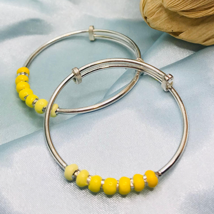 Yellow Beads Silver Kada