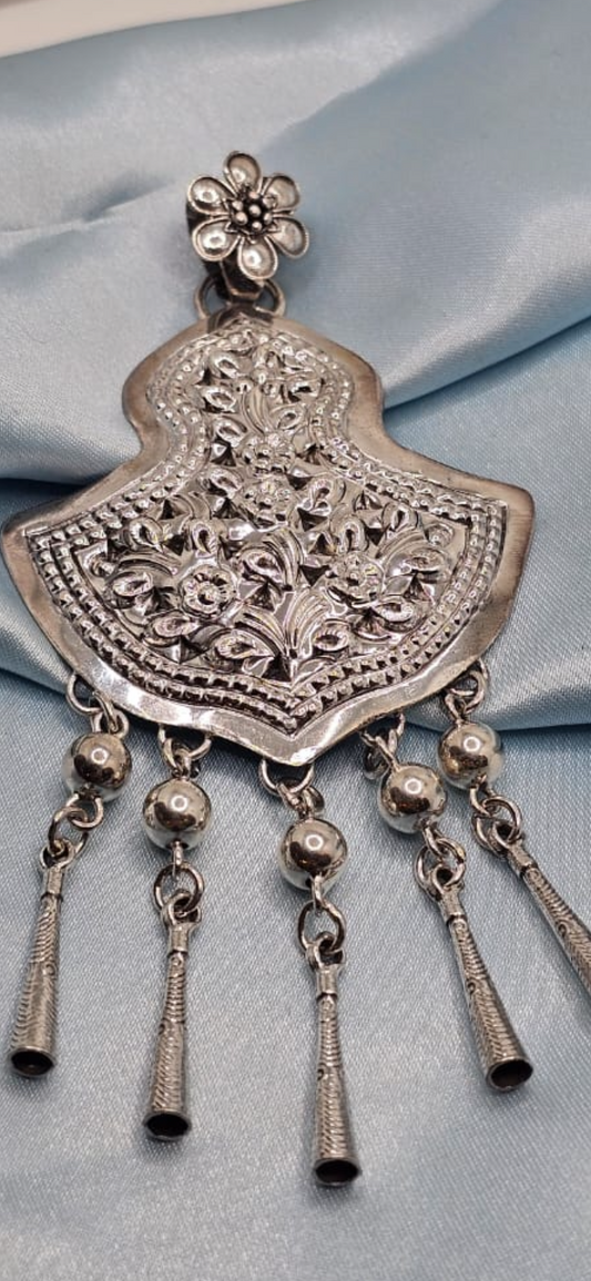 Long Silver Oxidised Pendant