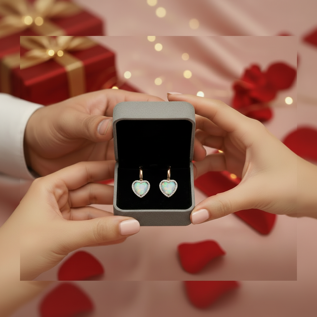 Pair of hoop earrings with heart-shaped opal stones on a gray background