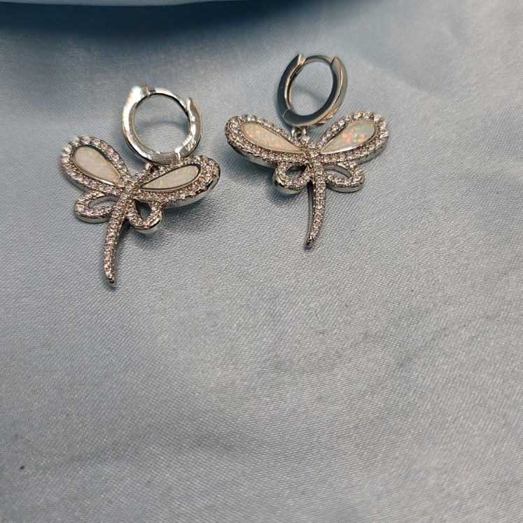 Silver Dragonfly Drop Hoops