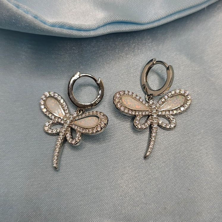 Silver Dragonfly Drop Hoops