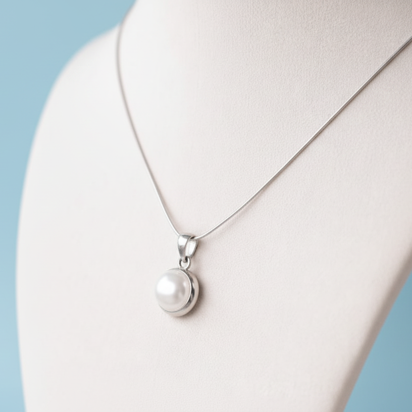 Pearl necklace on a mannequin with a plain background