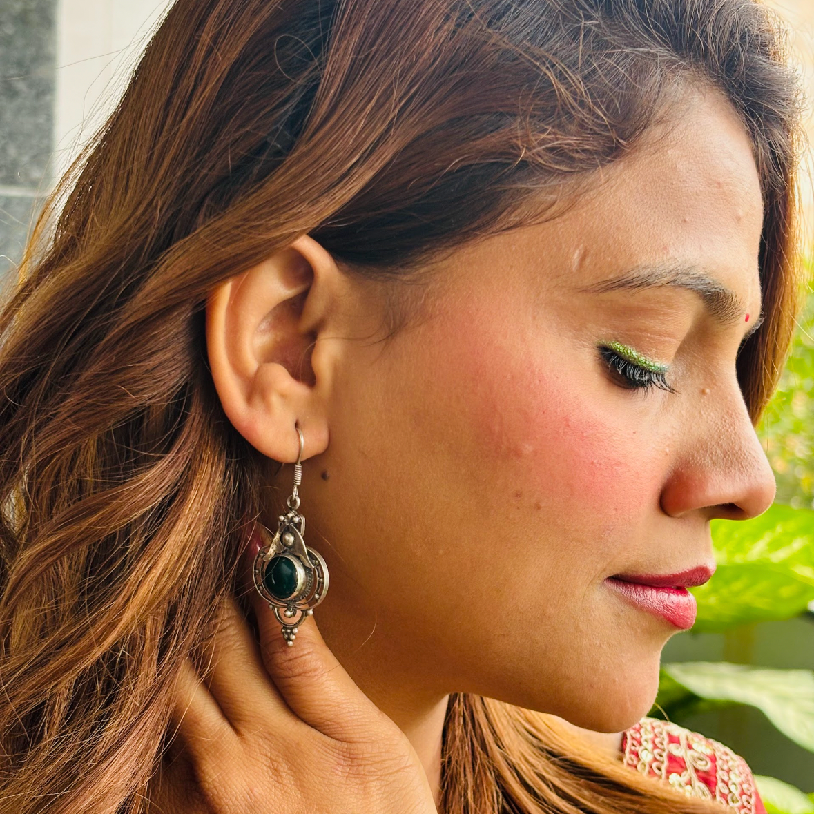 oxidized silver green stone earrings