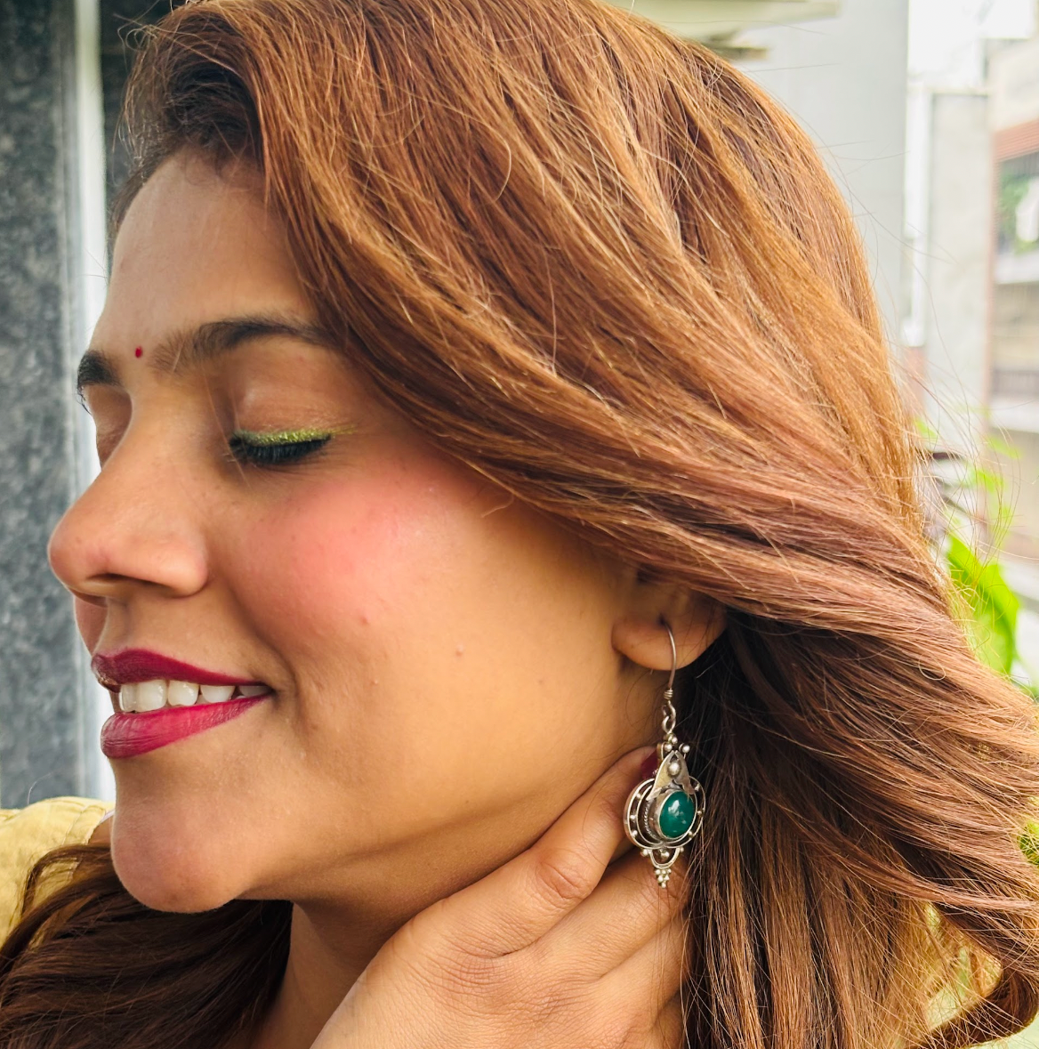 oxidized silver green stone earrings