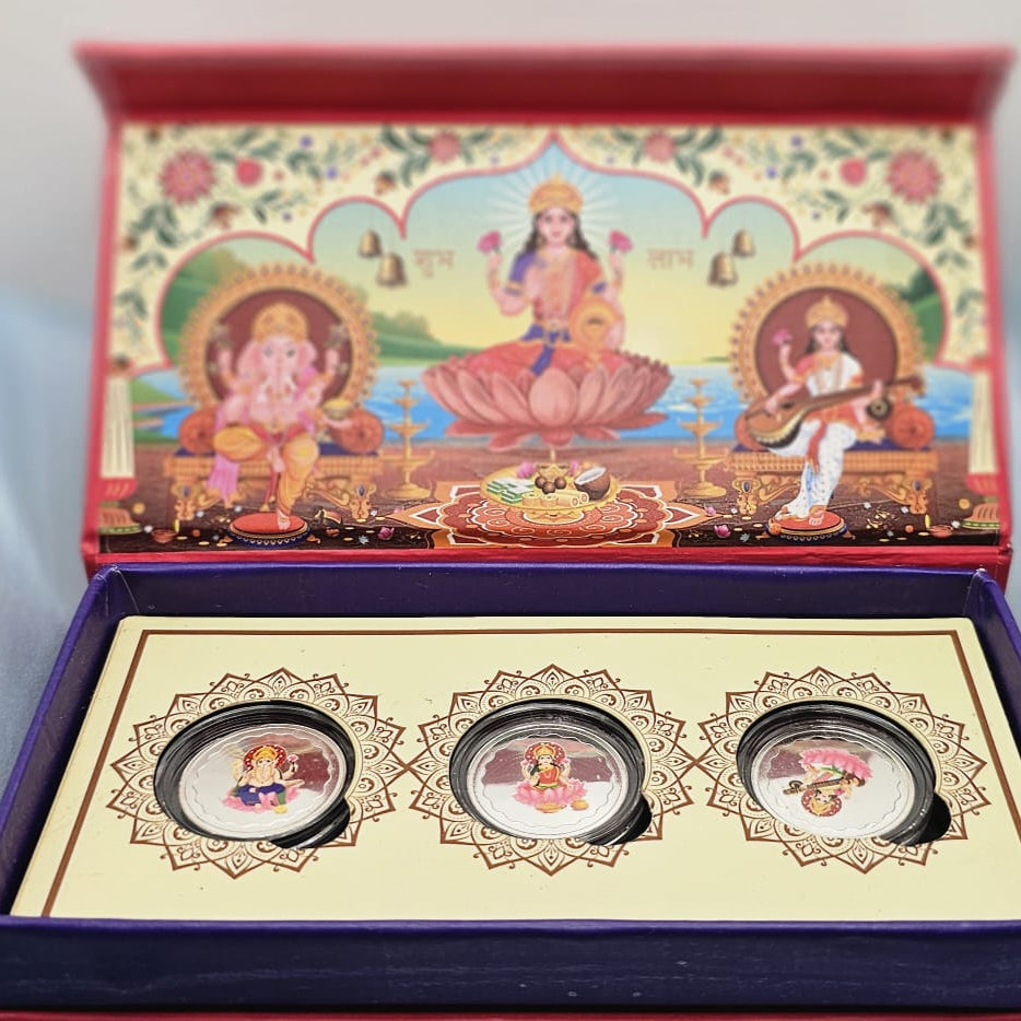 Decorative box with images of deities and three circular items on a light blue background