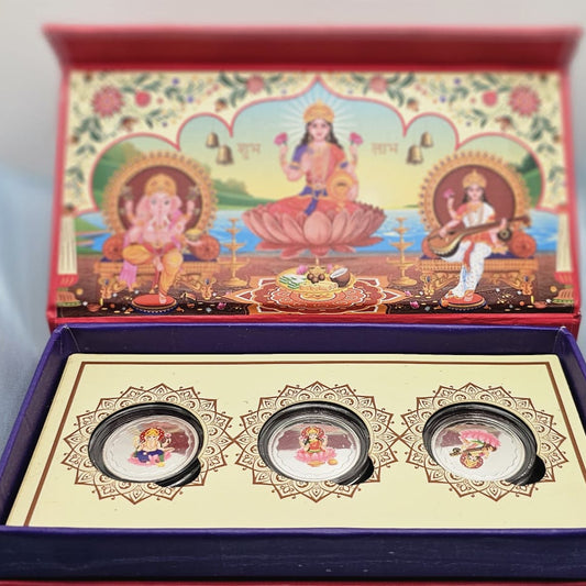 Decorative box with images of deities and three circular items on a light blue background