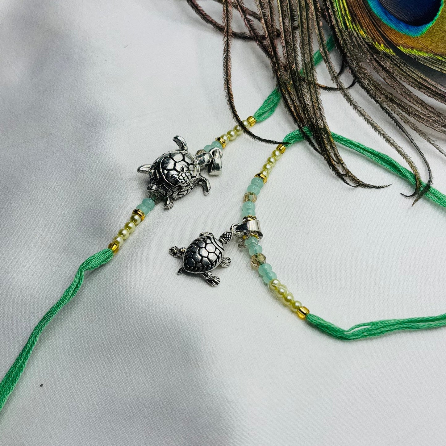 Silver Tortoise Rakhi and Lumba Set
