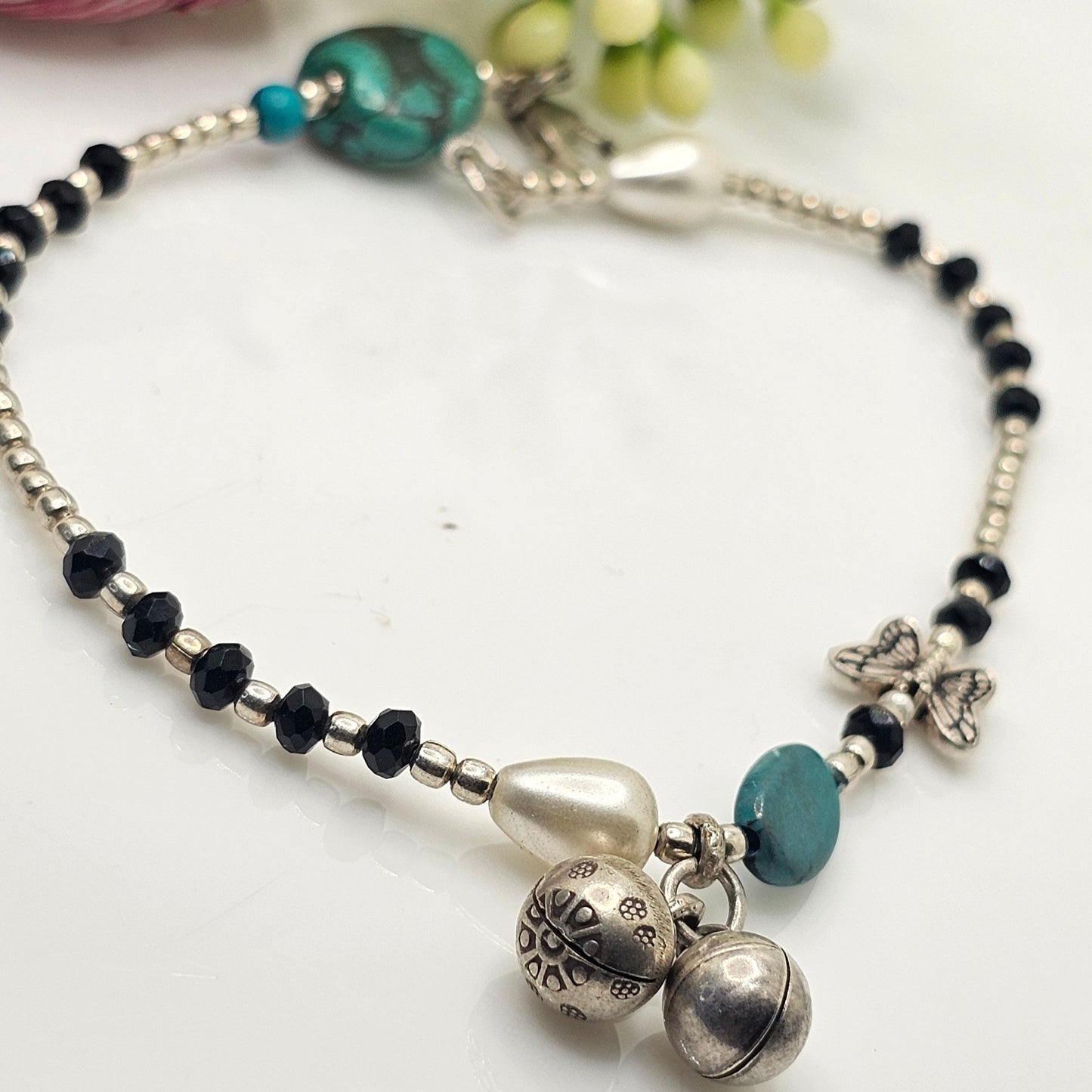 Silver Green stone and Ghungru anklet