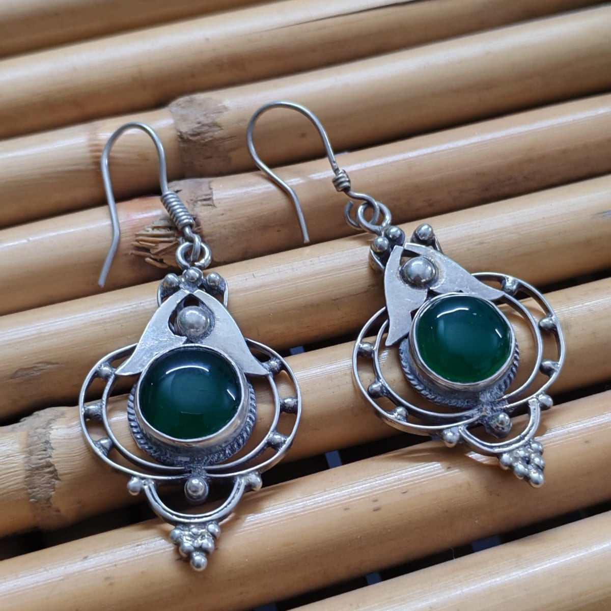 oxidized silver green stone earrings