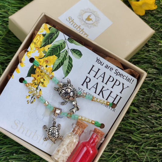 Silver Tortoise Rakhi and Lumba Set